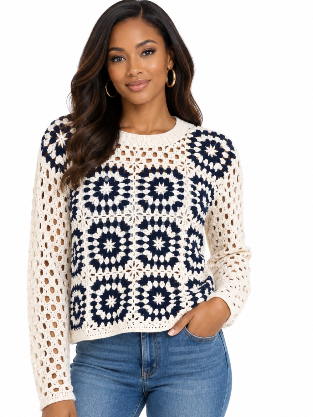AQUA Crochet Square-Panel Pullover Sweater in Cream and Black